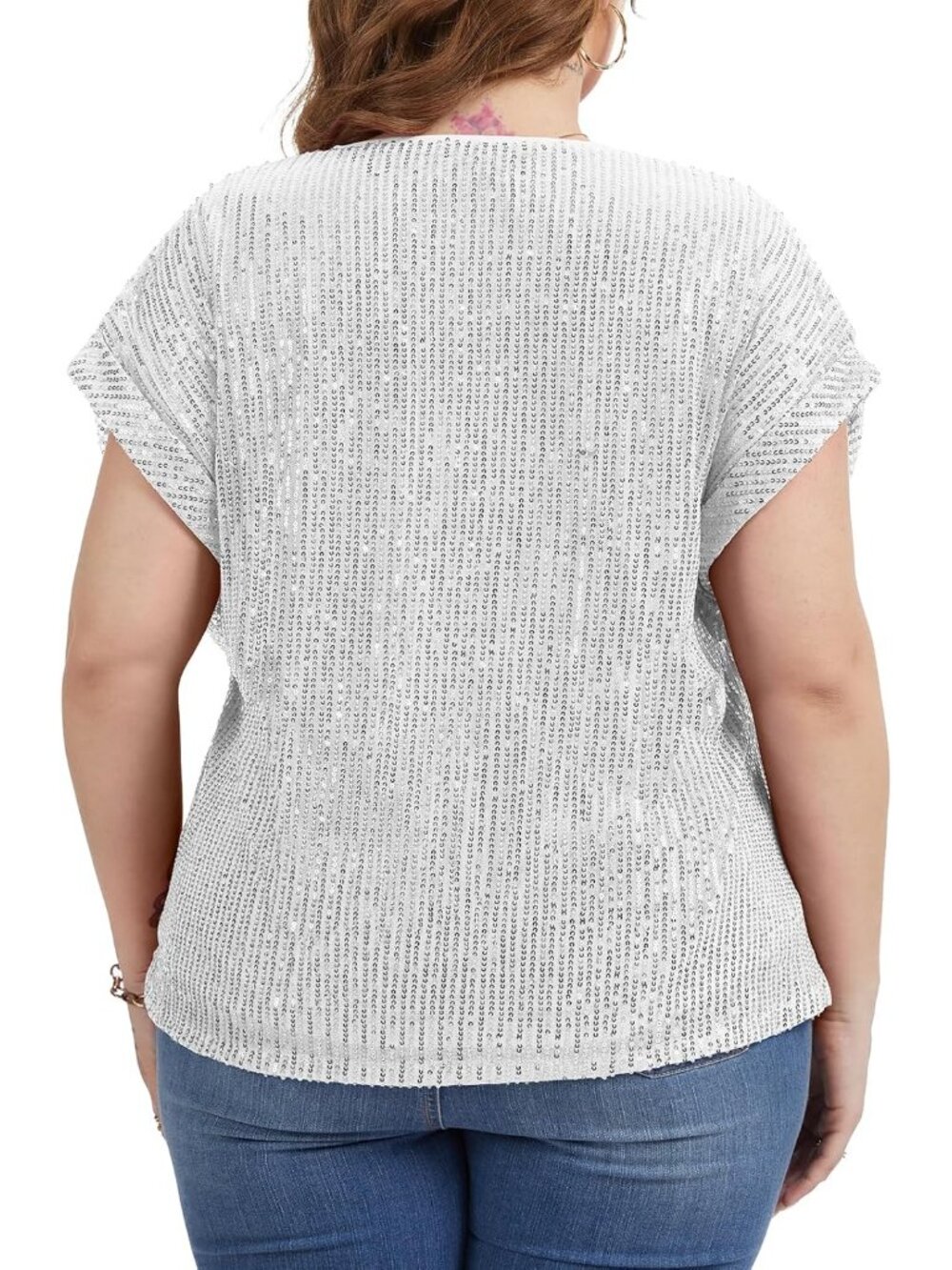 Women's Silver Sequin Top Short Batwing Sleeve V Neck Shirts Elegant Blouses - Picture 3 of 6